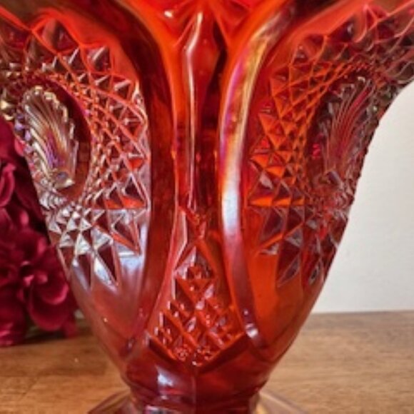 Indiana Glass Ruby Red Carnival Glass Basket Vintage Diamond Point Sunburst Hand - Picture 5 of 6
